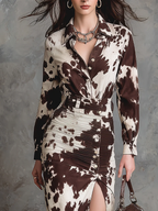 Women's Cow Print Shirt Dress – Button Front Maxi Dress