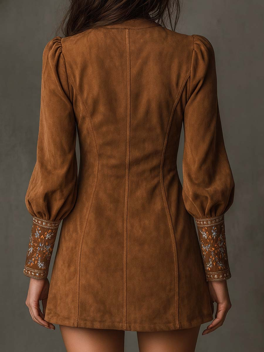 Women's Embroidered Mini Dress – Suede Effect V-Neck Dress
