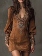 Women's Embroidered Mini Dress – Suede Effect V-Neck Dress