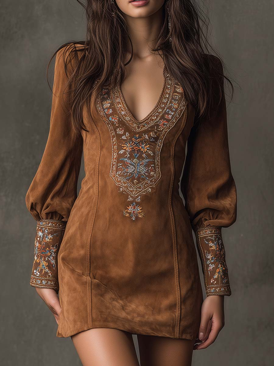 Women's Embroidered Mini Dress – Suede Effect V-Neck Dress