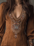 Women's Embroidered Mini Dress – Suede Effect V-Neck Dress