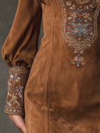 Women's Embroidered Mini Dress – Suede Effect V-Neck Dress