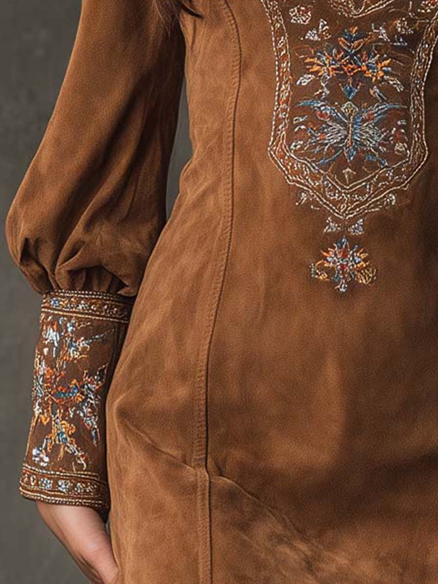 Women's Embroidered Mini Dress – Suede Effect V-Neck Dress