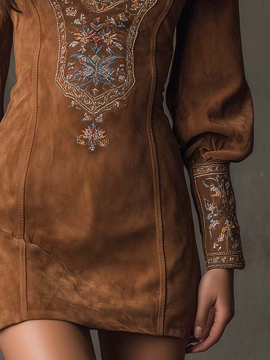 Women's Embroidered Mini Dress – Suede Effect V-Neck Dress