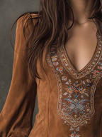 Women's Embroidered Mini Dress – Suede Effect V-Neck Dress