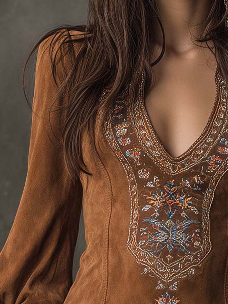 Women's Embroidered Mini Dress – Suede Effect V-Neck Dress