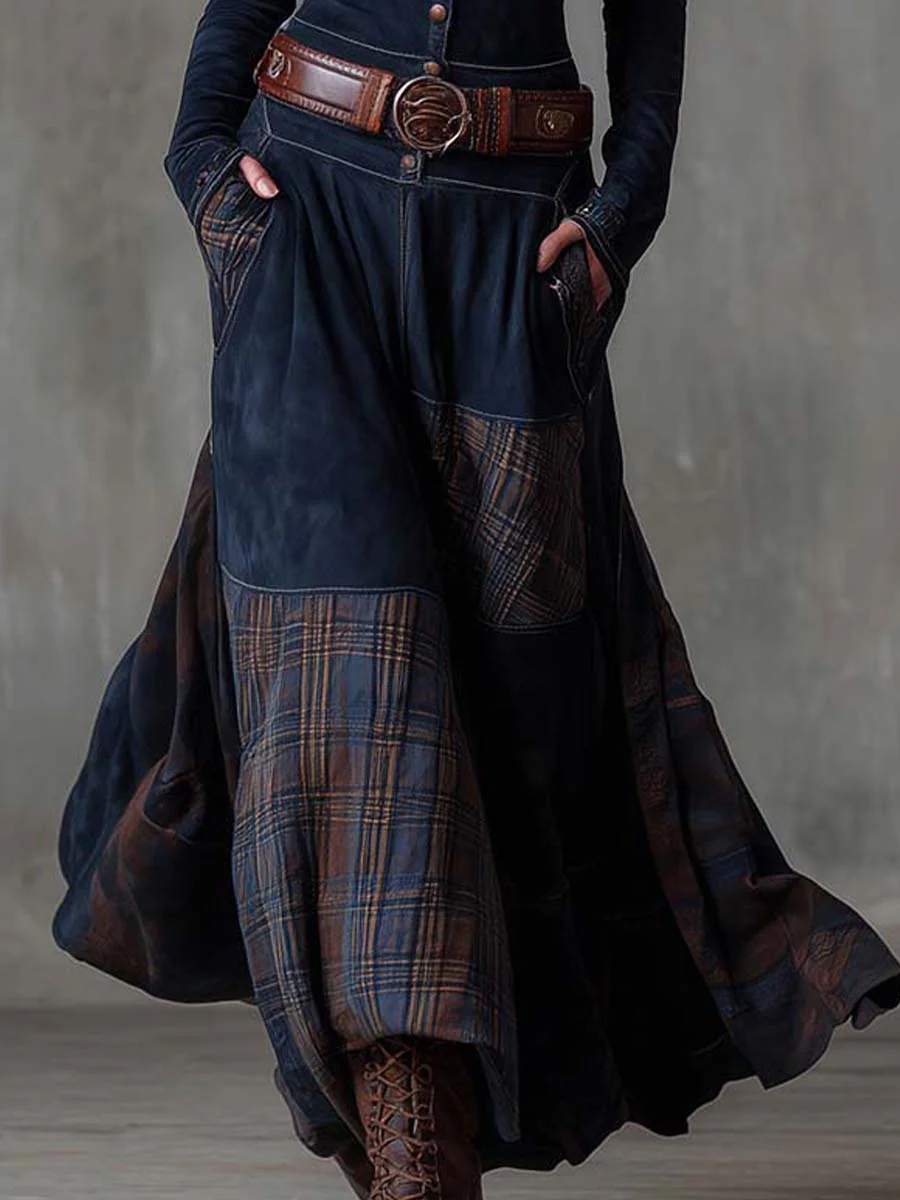Women's Faux Suede Maxi Dress – Plaid Panel Shirt Dress