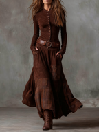 Women's Faux Suede Maxi Dress – Plaid Panel Shirt Dress