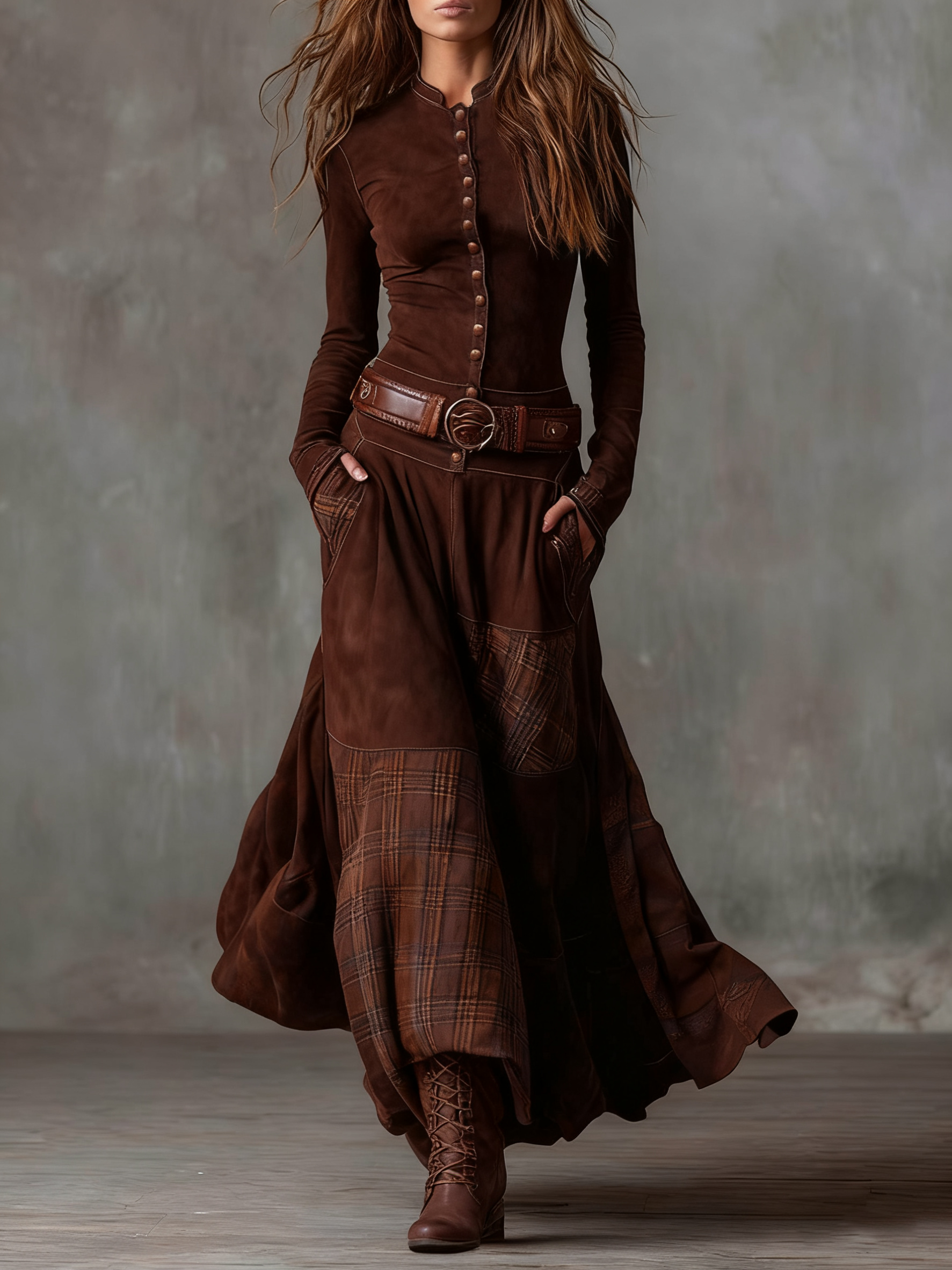 Women's Faux Suede Maxi Dress – Plaid Panel Shirt Dress