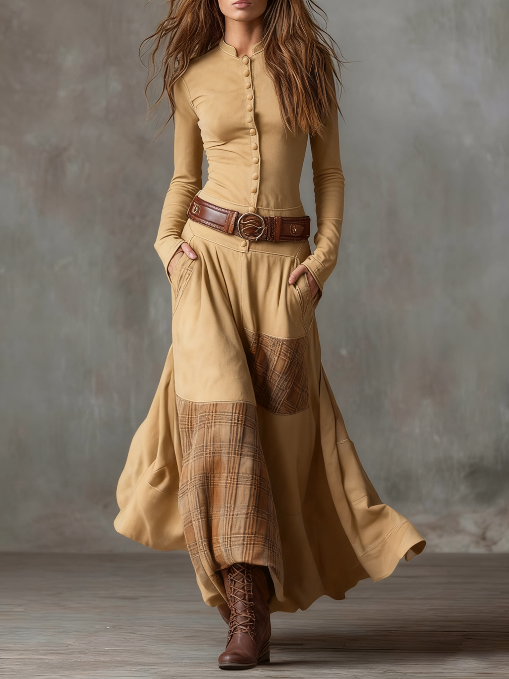 Women's Faux Suede Maxi Dress – Plaid Panel Shirt Dress
