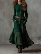 Women's Faux Suede Maxi Dress – Plaid Panel Shirt Dress