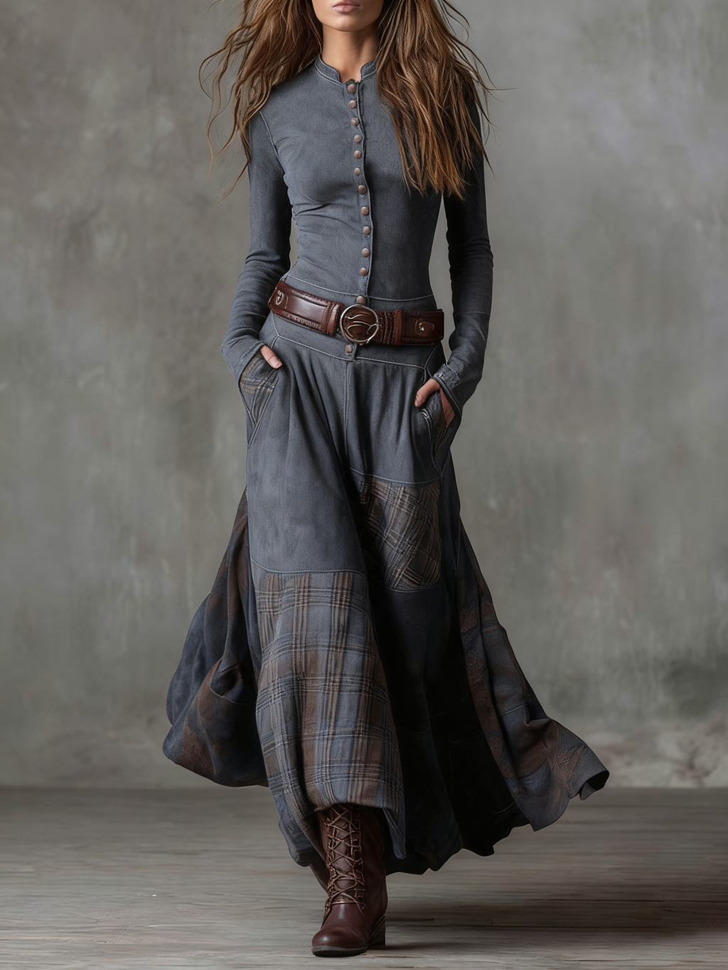 Women's Faux Suede Maxi Dress – Plaid Panel Shirt Dress