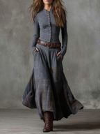 Women's Faux Suede Maxi Dress – Plaid Panel Shirt Dress