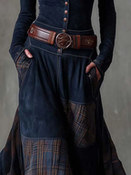 Women's Faux Suede Maxi Dress – Plaid Panel Shirt Dress