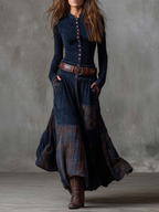 Women's Faux Suede Maxi Dress – Plaid Panel Shirt Dress