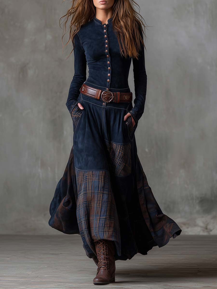 Women's Faux Suede Maxi Dress – Plaid Panel Shirt Dress