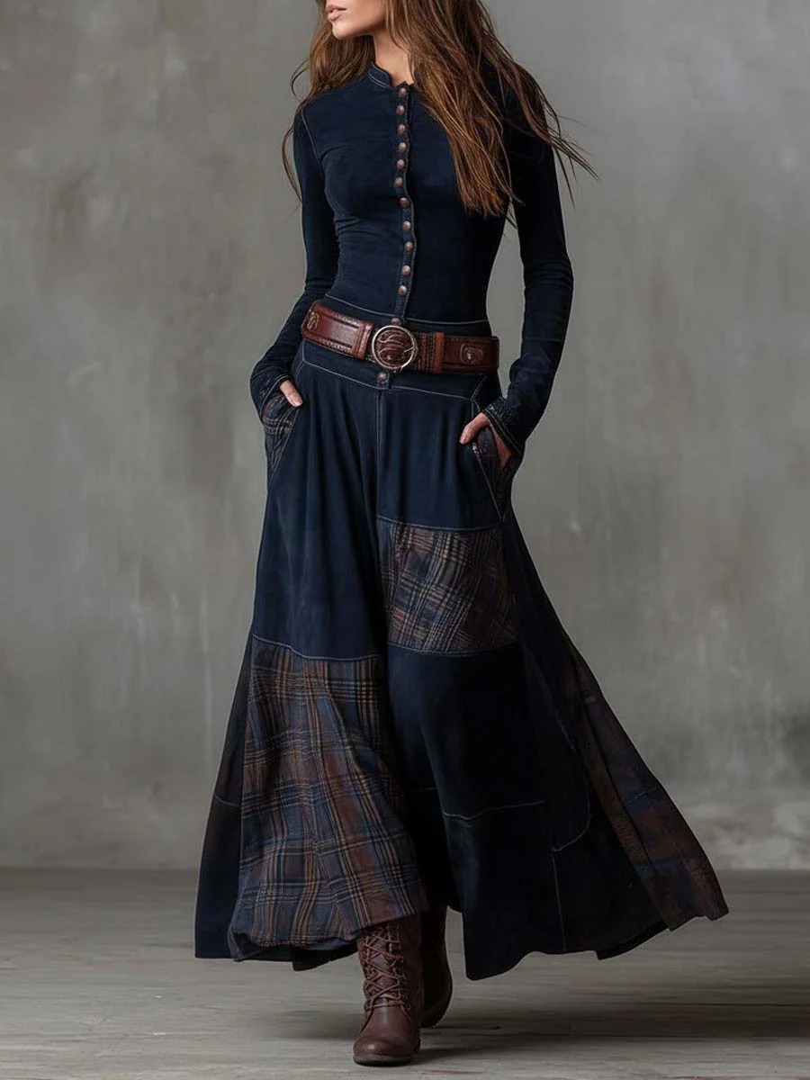 Women's Faux Suede Maxi Dress – Plaid Panel Shirt Dress