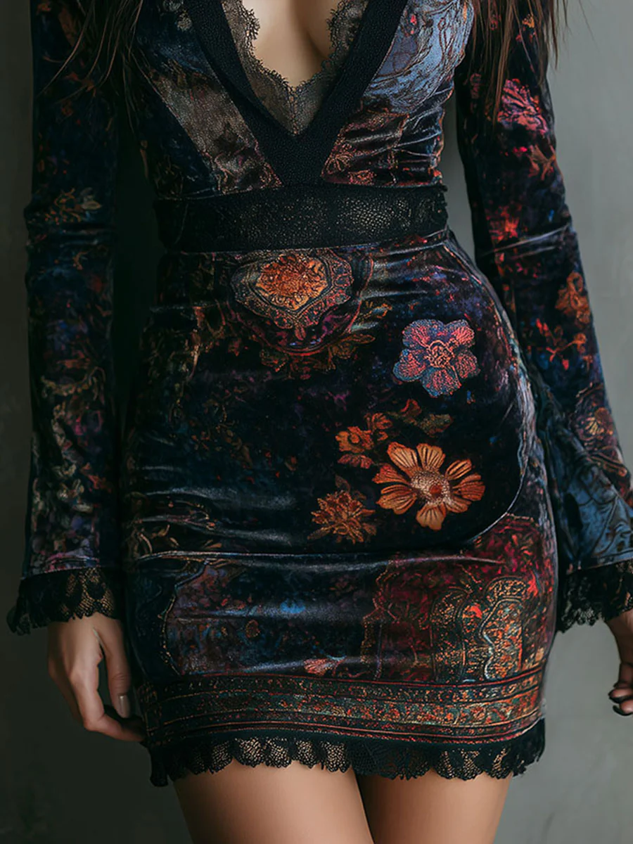 Women's Floral Velvet Mini Dress – Lace V-Neck Party Dress
