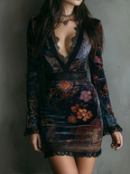 Women's Floral Velvet Mini Dress – Lace V-Neck Party Dress