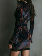 Women's Floral Velvet Mini Dress – Lace V-Neck Party Dress