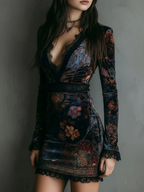 Women's Floral Velvet Mini Dress – Lace V-Neck Party Dress