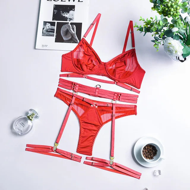 Women's Floral Lace Lingerie Set – Three-Piece Bra Panty & Garter Set