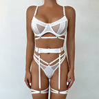 Women's Floral Lace Lingerie Set – Three-Piece Bra Panty & Garter Set