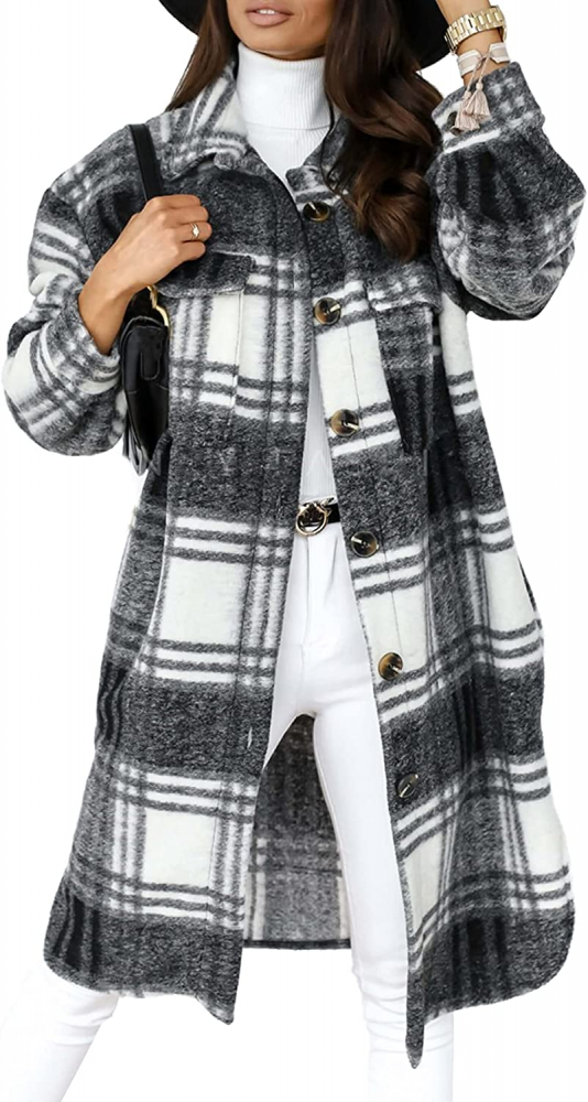Women's Plaid Long Coat – Relaxed Button Front Winter Coat