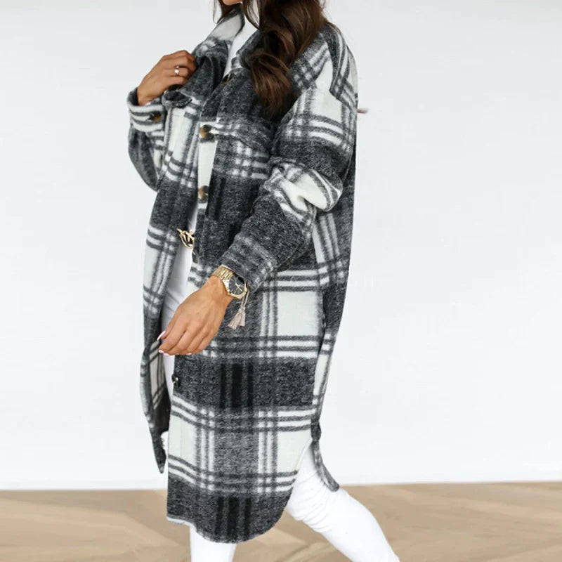 Women's Plaid Long Coat – Relaxed Button Front Winter Coat