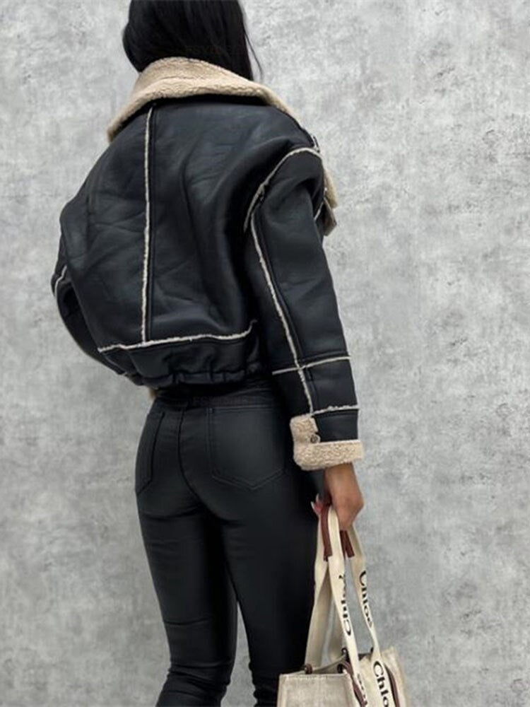 Women's Shearling Style Jacket – Zip-Up Pocket Winter Coat