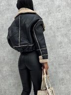 Women's Faux Leather Winter Coat – Zip-Up Pocket Jacket