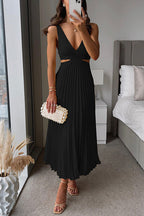 Women's Deep V-Neck Pleated Midi Dress – Side Cutout Cocktail Dress