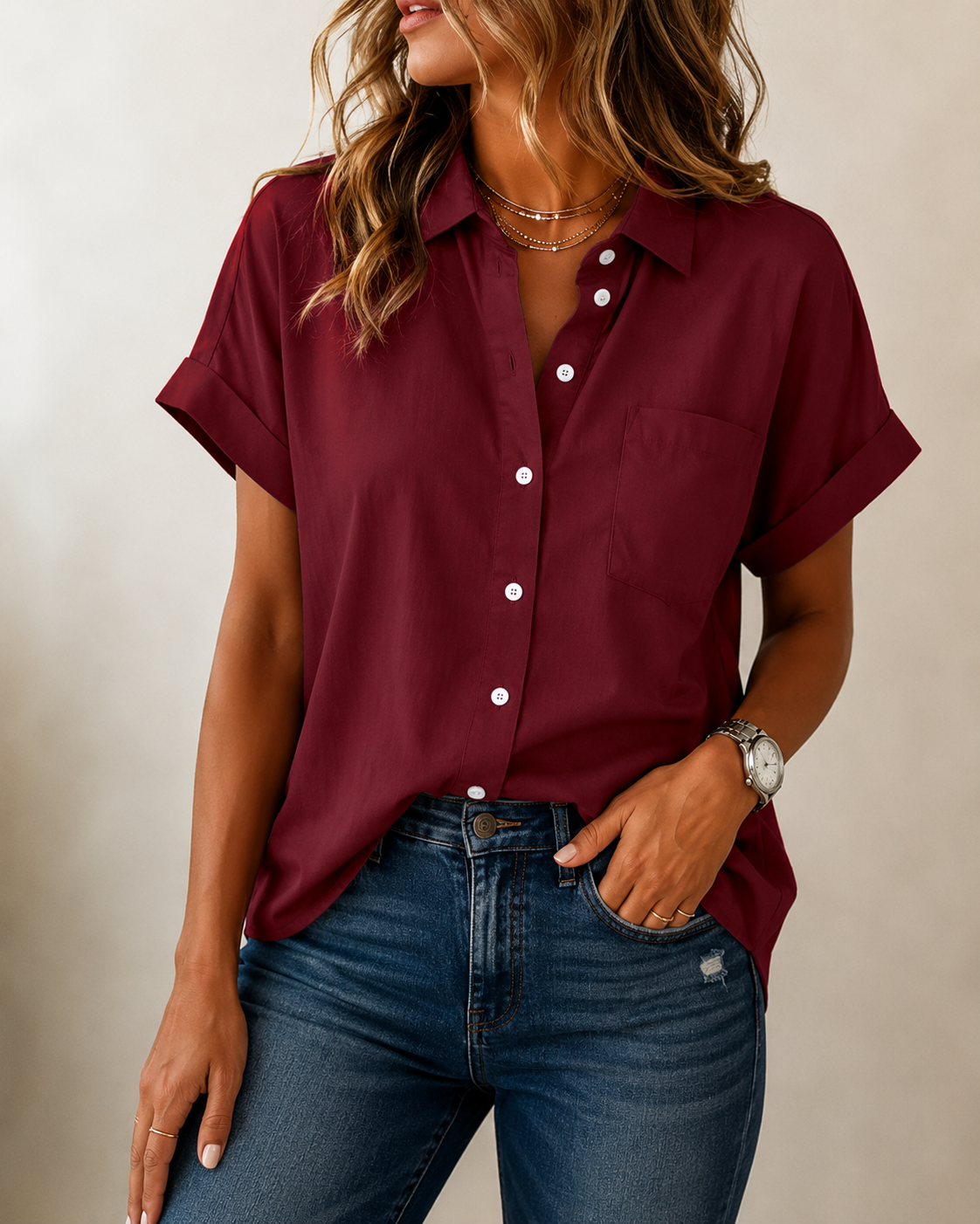 Women's Button Front Blouse – Relaxed Flowy Everyday Shirt Blouse