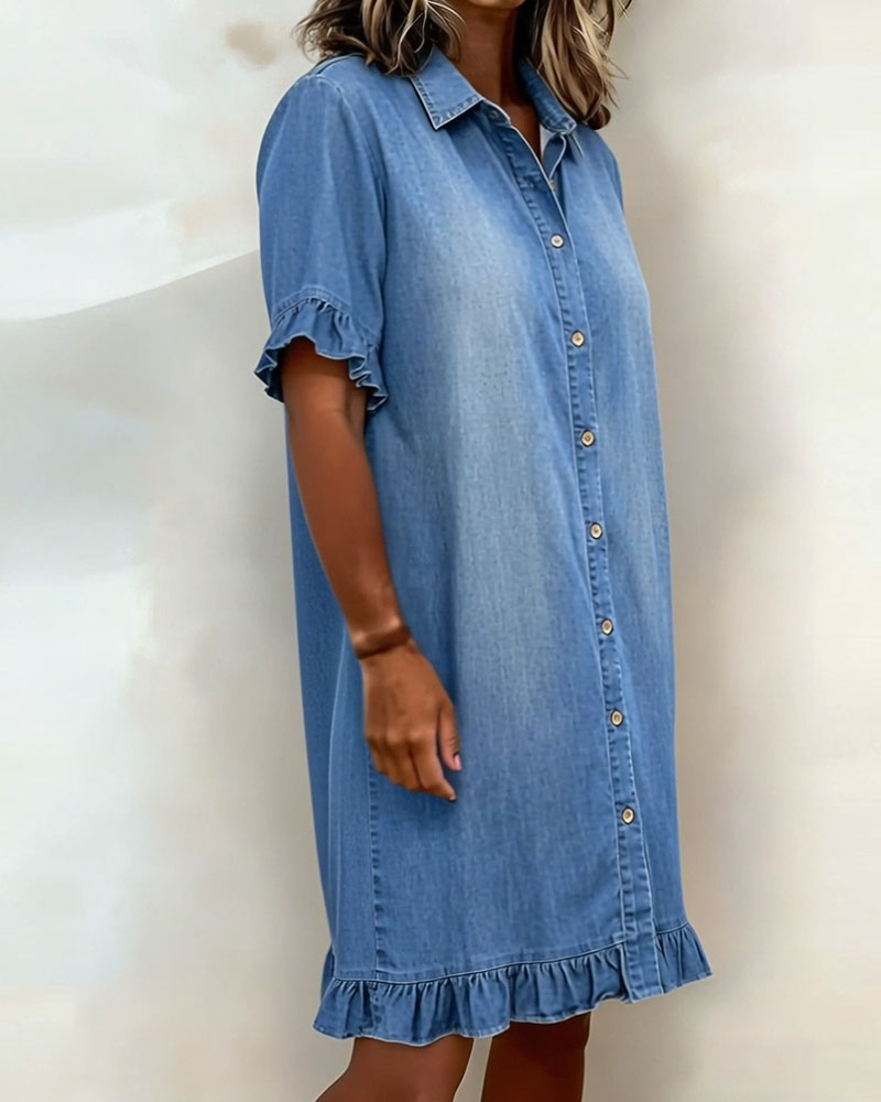 Women's Button Front Shirt Dress – Knee-Length Flounce Sleeve Dress