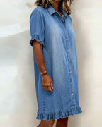 Women's Button Front Shirt Dress – Knee-Length Flounce Sleeve Dress