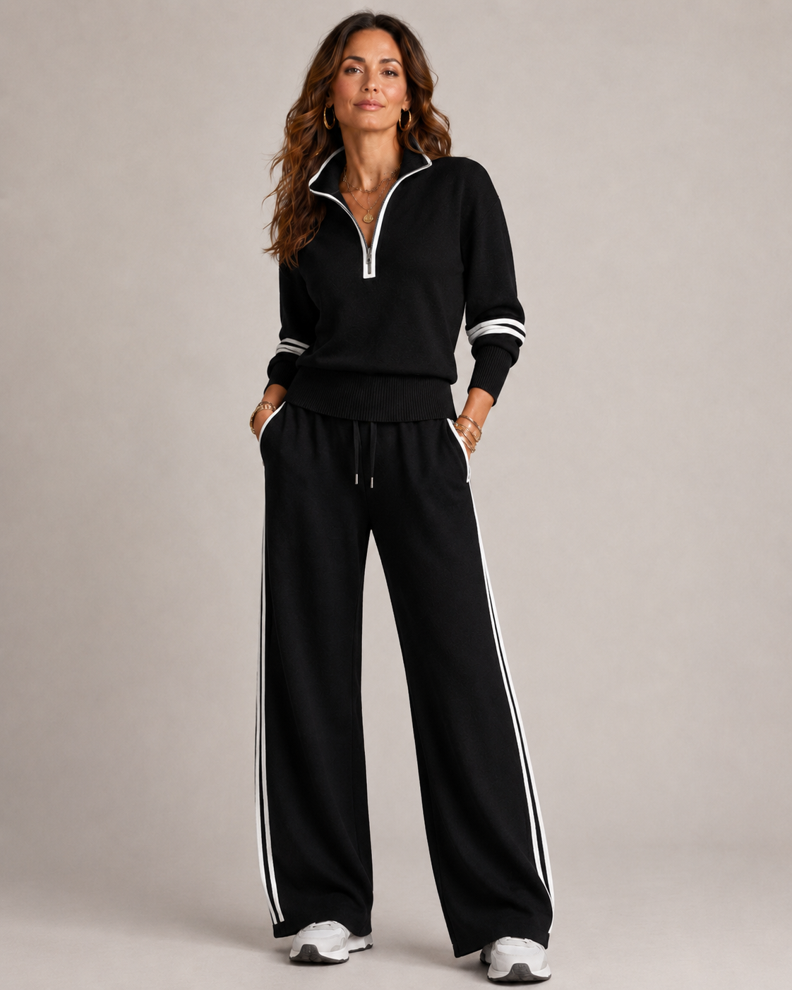 Women's Wide Leg Sweat Set – Half-Zip Lounge Set