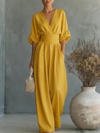 Women's V-Neck Wide Leg Jumpsuit – High Waist Pocket Evening Jumpsuit