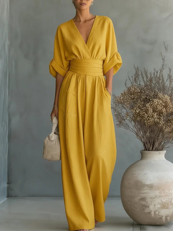 Women's V-Neck Wide Leg Jumpsuit – High Waist Pocket Evening Jumpsuit