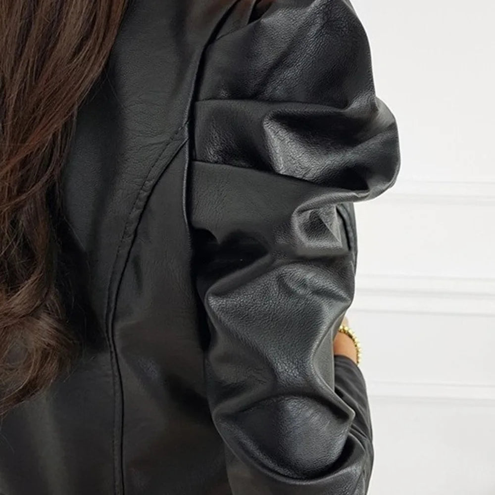 Women's Ruffle Shoulder Jacket – O-Neck Zip-Up Biker Jacket