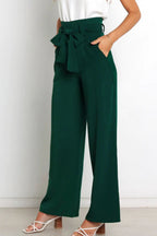 Women's Paperbag Waist Trousers – High Waist Bow Detail Wide Leg Pants