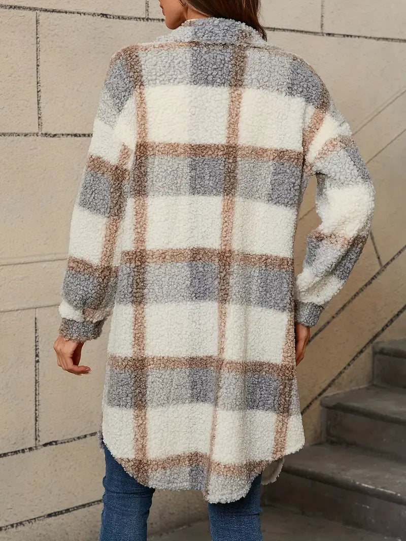 Women's Checked Teddy Coat – Oversized Fleece Winter Coat