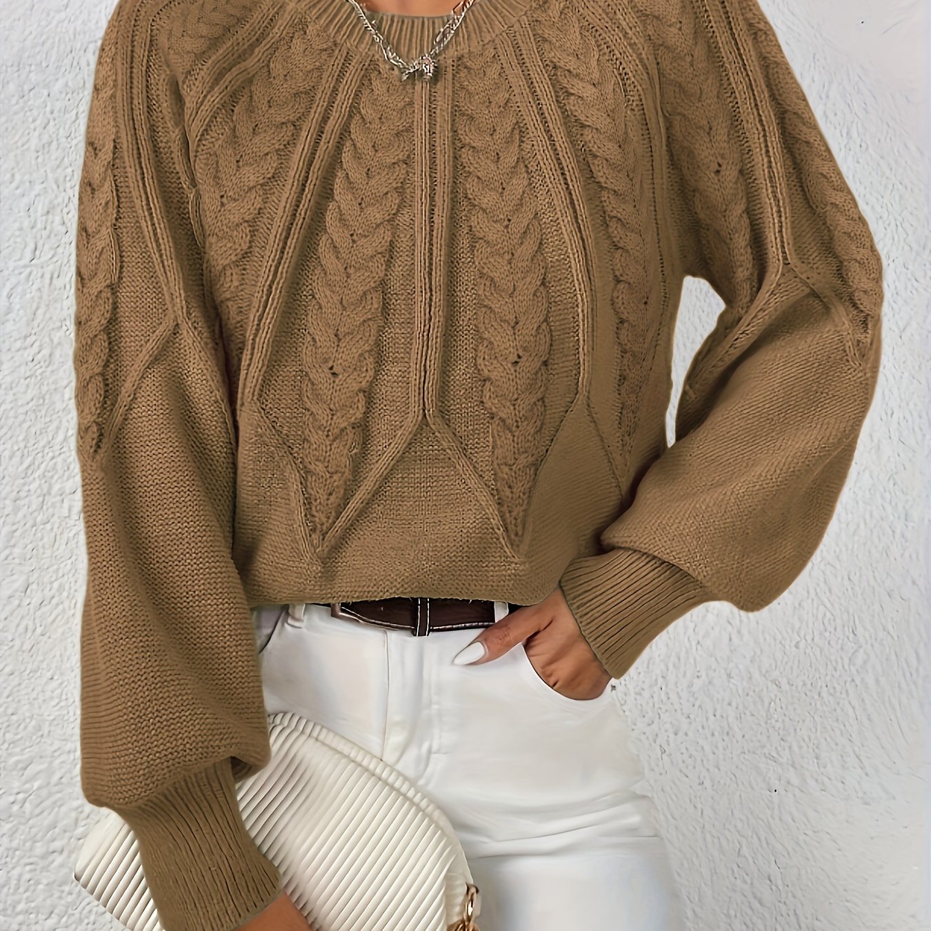 Women's Cable Knit Sweater – Lantern Sleeve Winter Sweater