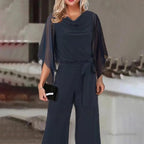 Women's Asymmetrical Wide Leg Jumpsuit – Statement Sleeve Occasion Jumpsuit