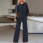 Women's Asymmetrical Wide Leg Jumpsuit – Statement Sleeve Occasion Jumpsuit