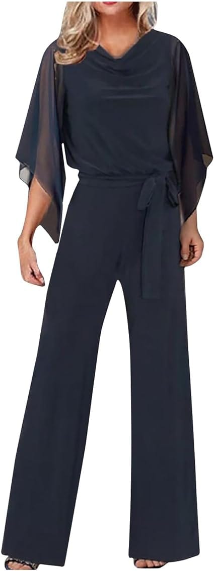 Women's Asymmetrical Wide Leg Jumpsuit – Statement Sleeve Occasion Jumpsuit