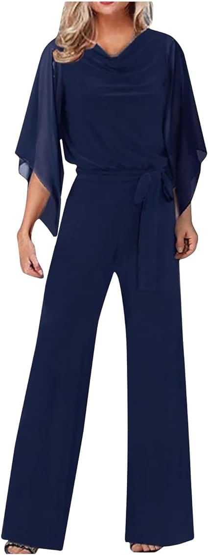 Women's Asymmetrical Wide Leg Jumpsuit – Statement Sleeve Occasion Jumpsuit