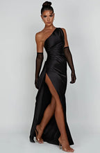 Women's Satin One Shoulder Maxi Dress – High Slit Formal Evening Gown