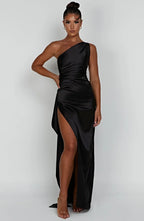 Women's Satin One Shoulder Maxi Dress – High Slit Formal Evening Gown