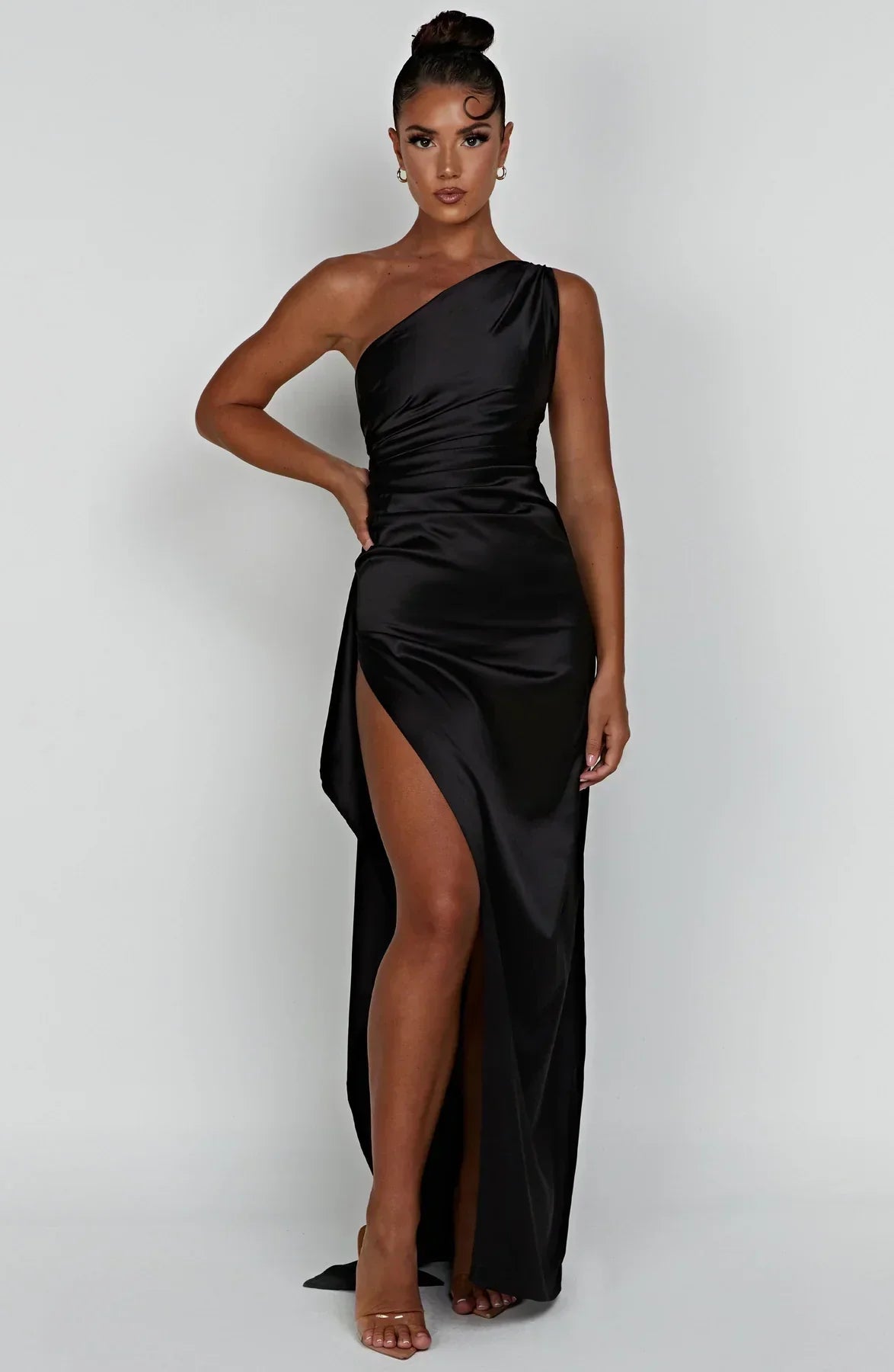 Women's Satin One Shoulder Maxi Dress – High Slit Formal Evening Gown
