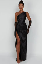 Women's Satin One Shoulder Maxi Dress – High Slit Formal Evening Gown